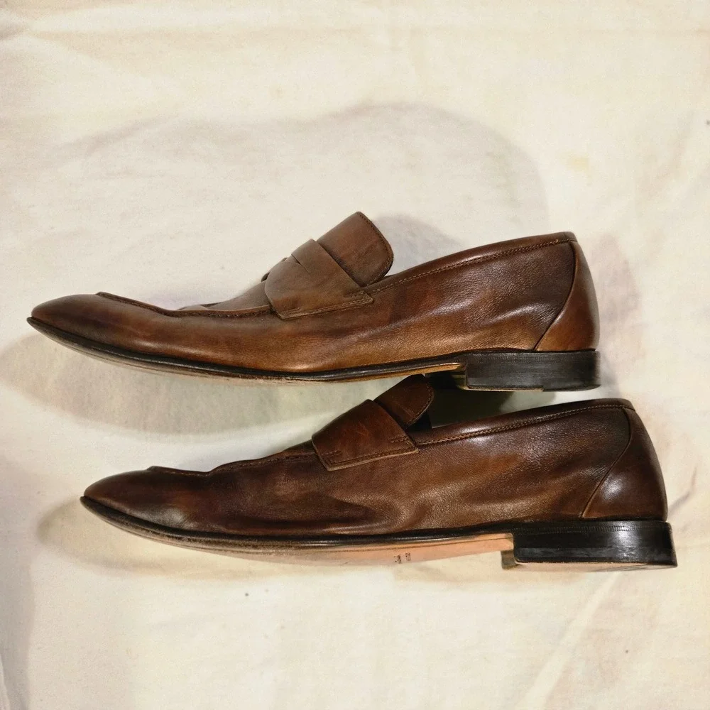 Santoni Loafers Size 11 Mens Brown Leather Penny Loafers Luxury Designer Italy